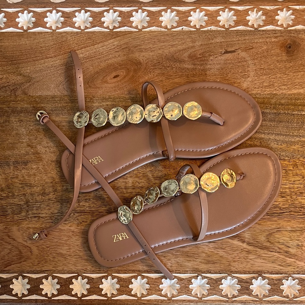 Zara Tan Leather T-Strap Sandals with Gold Disc Details